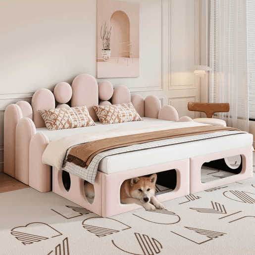 Sofá-cama estofado 180x200 - multifuncional 2 em 1, com cama para animais de estimação, tecido de veludo, base de colchão e encosto - rosa