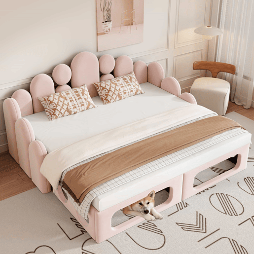 Sofá-cama estofado 180x200 - multifuncional 2 em 1, com cama para animais de estimação, tecido de veludo, base de colchão e encosto - rosa