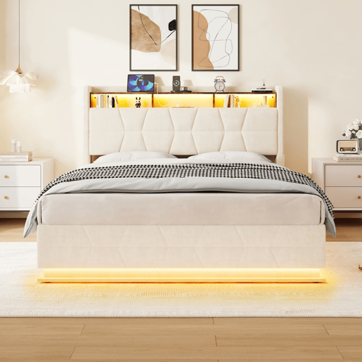 Cama multifuncional 140x200cm - LED, prateleiras, bolsos, USBType-C, cabeceira com arrumação - Bege