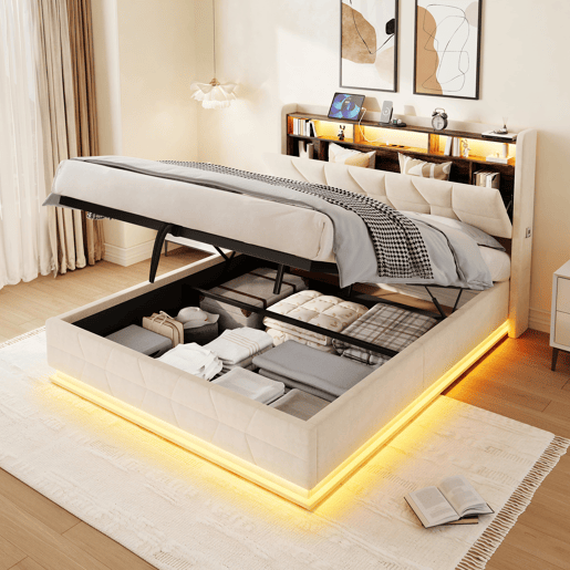 Cama multifuncional 140x200cm - LED, prateleiras, bolsos, USBType-C, cabeceira com arrumação - Bege
