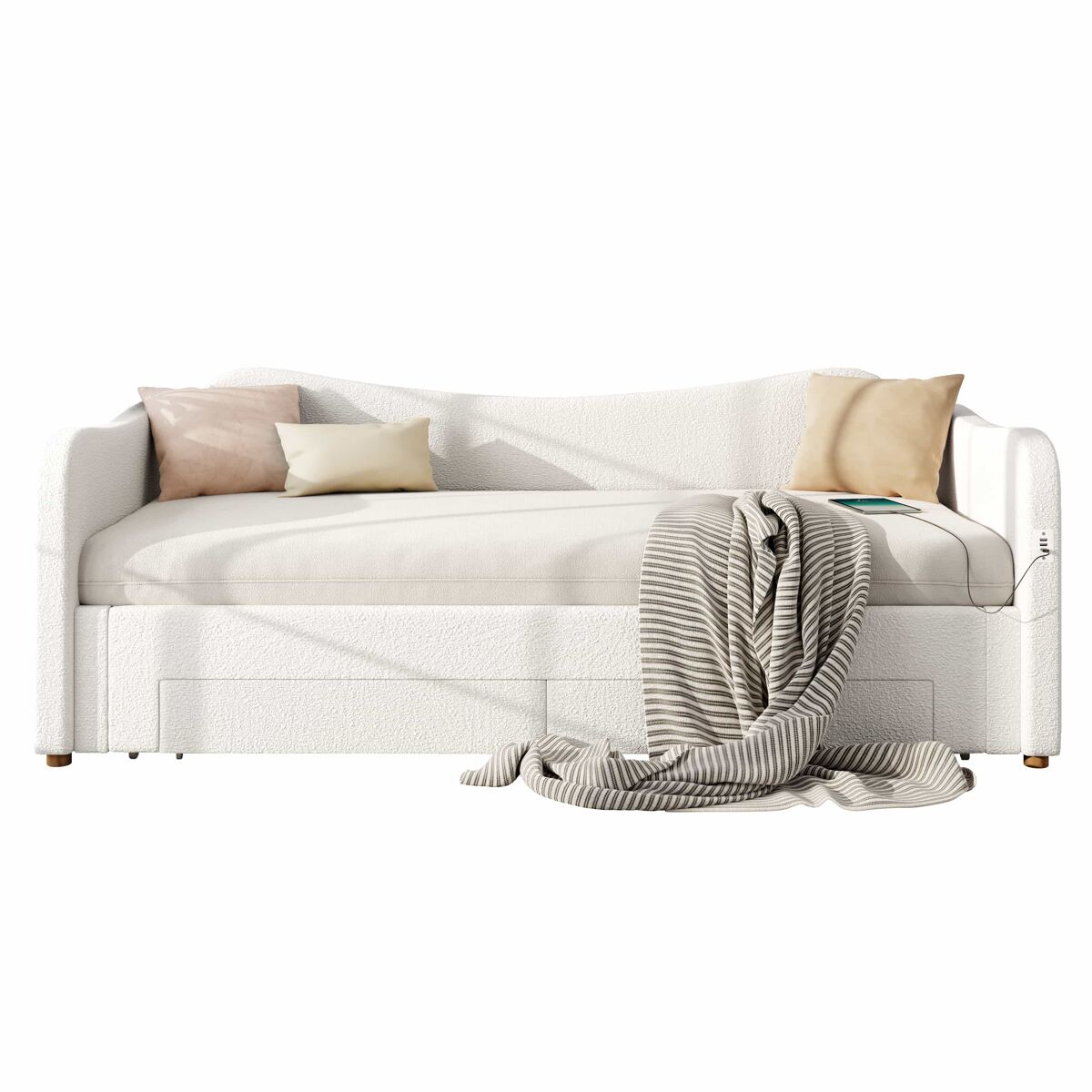 Cama tipo daybed 90x200 cm - convertible 180 cm, con 2 cajones, usb, sofá cama, bouclé - beige