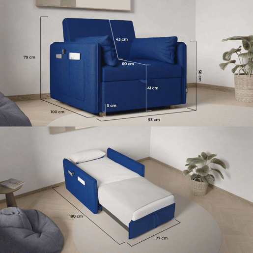 Poltrona cama Nest 1 Nalui Recliner 3 em 1 (93x100x79cm) com 2 almofadas Azul Marino