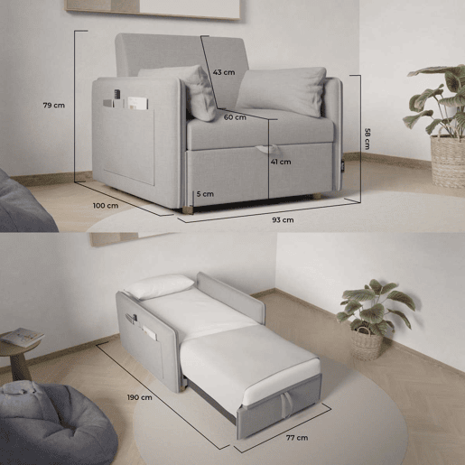 Poltrona cama Nest 1 Nalui Recliner 3 em 1 (93x100x79cm) com 2 almofadas Gris