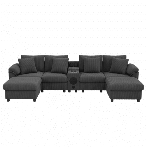 Sofá modular em forma de U e L com 6 lugares u2013 com altifalante Bluetooth, consola, arrumação, carregamento sem fios, portas USB, porta-copos e almofadas u2013 cinzento