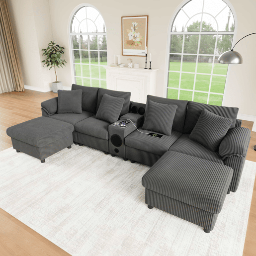 Sofá modular em forma de U e L com 6 lugares u2013 com altifalante Bluetooth, consola, arrumação, carregamento sem fios, portas USB, porta-copos e almofadas u2013 cinzento