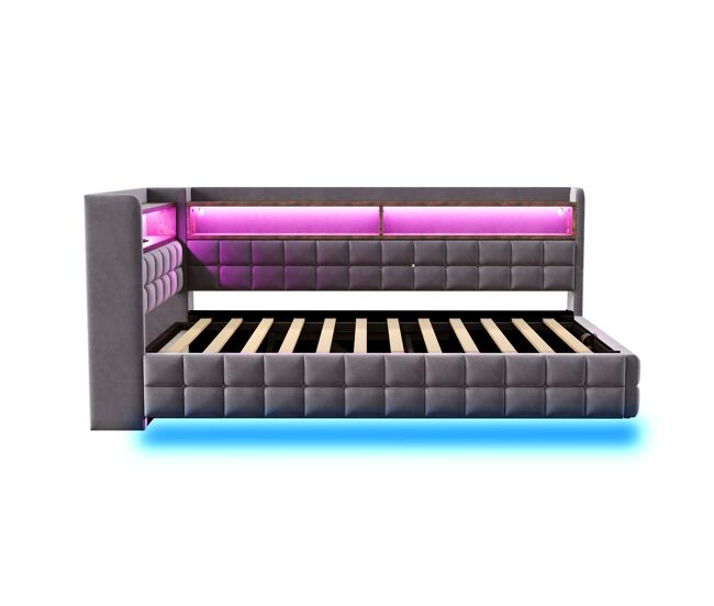 Sofá cama multifuncional 90x200 - almacenamiento hidráulico, led, usb/tipo-c, estante madera - gris oscuro