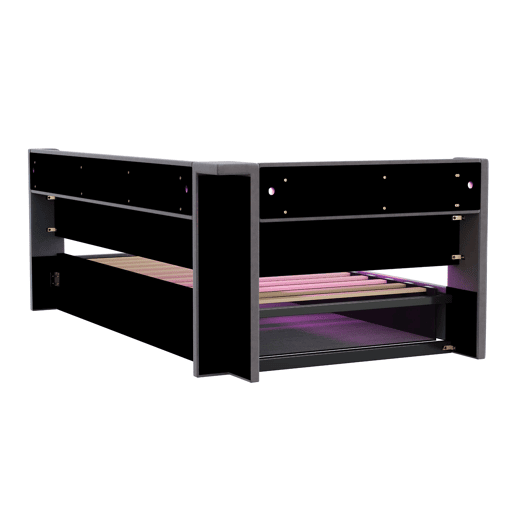 Sofá-cama multifuncional 90x200 - Armazenamento hidráulico, LED, USBTipo-C, prateleira de madeira - Cinza escuro Sofá-cama multifuncional 90x200 - Armazenamento hidráulico, LED, USBTipo-C, prateleira de madeira - Cinza escuro