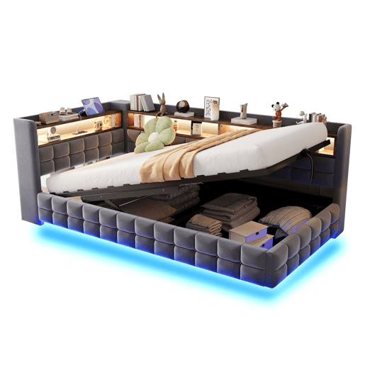 Sofá-cama multifuncional 90x200 - Armazenamento hidráulico, LED, USBTipo-C, prateleira de madeira - Cinza escuro Sofá-cama multifuncional 90x200 - Armazenamento hidráulico, LED, USBTipo-C, prateleira de madeira - Cinza escuro