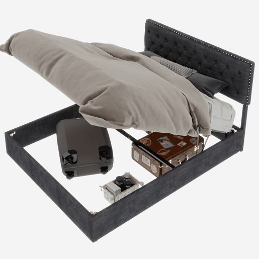 Cama estofada 140x200 - minimalista, cabeceira confortável, base alta com pistão - cinzenta