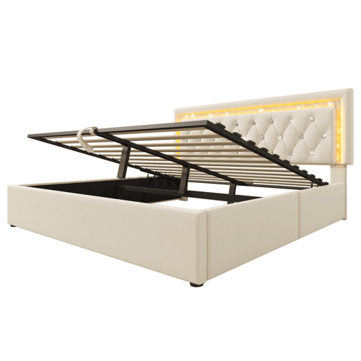 Cama estofada 140x200 cm - LED, USBType-C, armazenamento hidráulico, moderna - Bege Cama estofada 140x200 cm - LED, USBType-C, armazenamento hidráulico, moderna - Bege