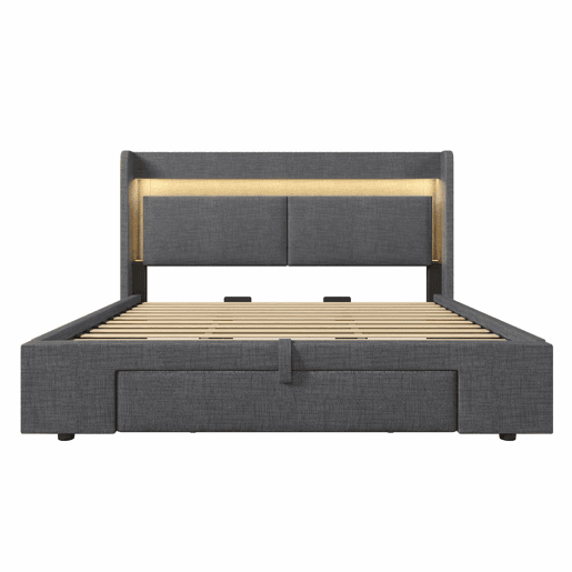Cama estofada 180x200 - arrumação hidráulica, cabeceira com LED e USB - Cinza