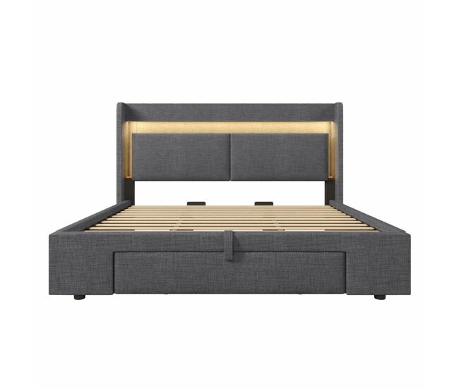Cama tapizada 180x200 - almacenaje hidráulico, cabecero con led y usb - gris
