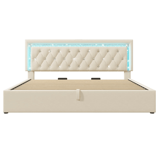 Cama estofada 180x200 cm - LED diamante, USBType-C, hidráulica, moderna - Bege