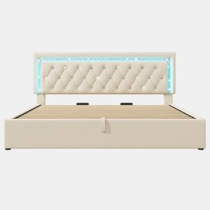 Cama estofada 180x200 cm - LED diamante, USBType-C, hidráulica, moderna - Bege