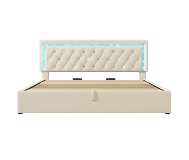 Cama tapizada 180x200 cm - led diamante, usb/type-c, hidráulico, moderno - beige