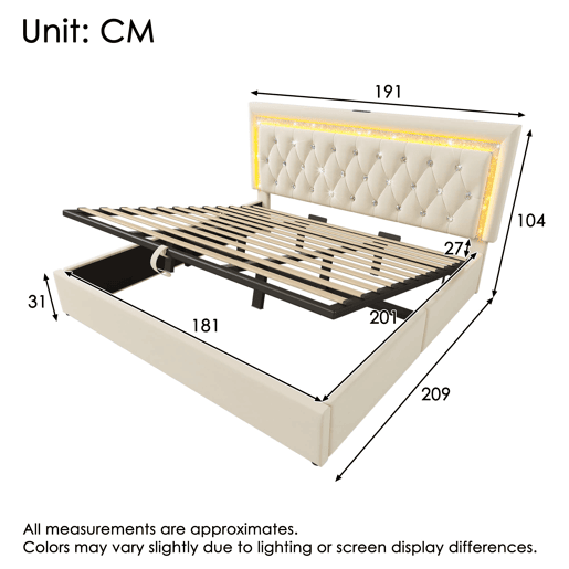 Cama estofada 180x200 cm - LED diamante, USBType-C, hidráulica, moderna - Bege
