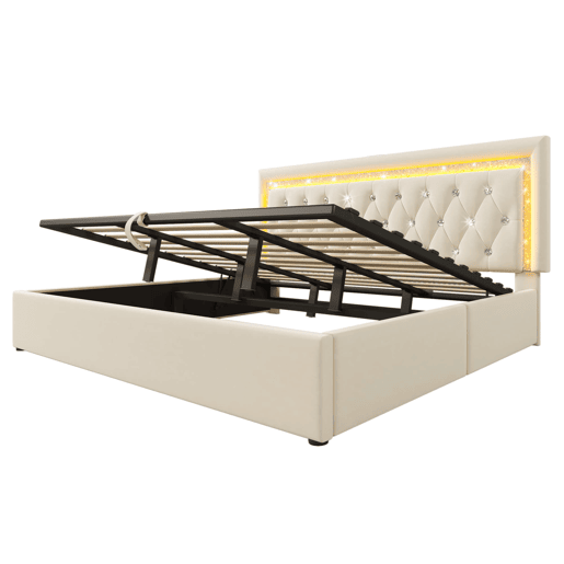 Cama estofada 180x200 cm - LED diamante, USBType-C, hidráulica, moderna - Bege