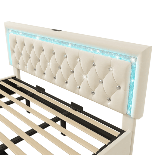 Cama estofada 180x200 cm - LED diamante, USBType-C, hidráulica, moderna - Bege