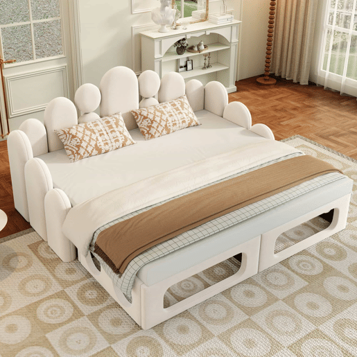 Sofá-cama 180x200 cm - 2 em 1 multifuncional com cama para animais de estimação, estofado em veludo, com base de colchão e encosto - Bege