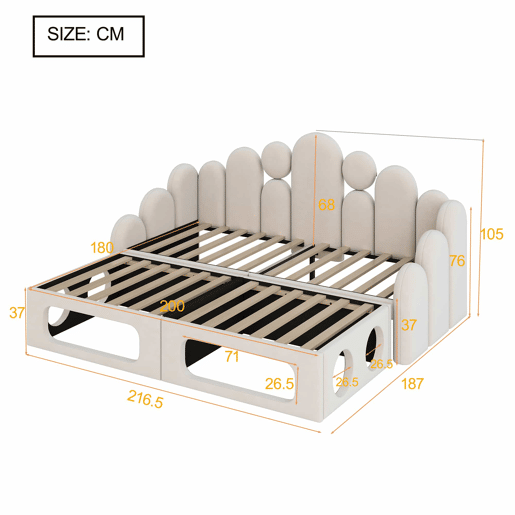 Sofá-cama 180x200 cm - 2 em 1 multifuncional com cama para animais de estimação, estofado em veludo, com base de colchão e encosto - Bege