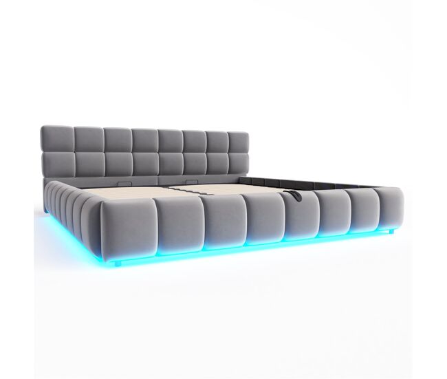 Cama tapizada 180x200 cm - con luz led, cabecero y almacenamiento hidráulico - gris