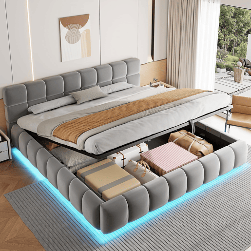 Cama estofada 180x200 cm - com luz LED, cabeceira e armazenamento hidráulico - cinza