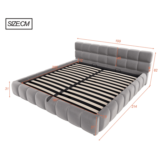 Cama estofada 180x200 cm - com luz LED, cabeceira e armazenamento hidráulico - cinza