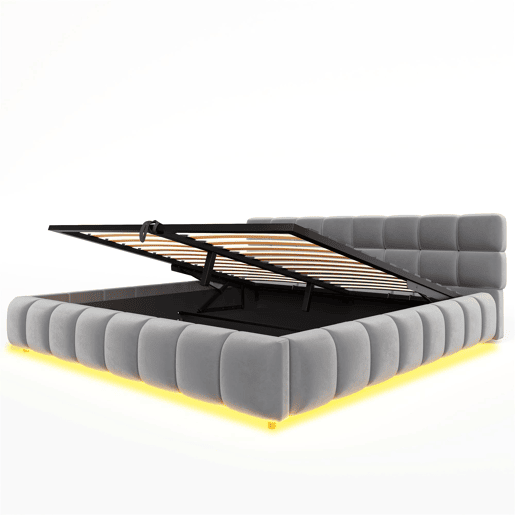 Cama estofada 180x200 cm - com luz LED, cabeceira e armazenamento hidráulico - cinza