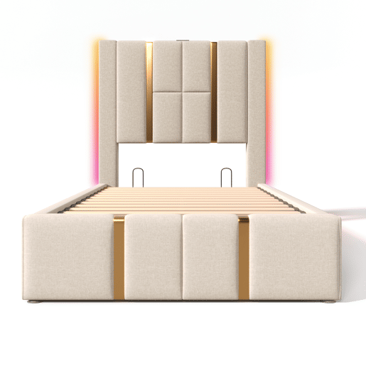 Cama de peito 90x200 cm estofada em tecido de linho - com LED e função de carregamento - com estrado de ripas - Bege