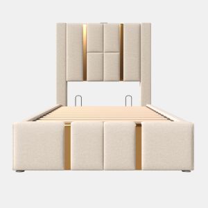 Cama de peito 90x200 cm estofada em tecido de linho - com LED e função de carregamento - com estrado de ripas - Bege