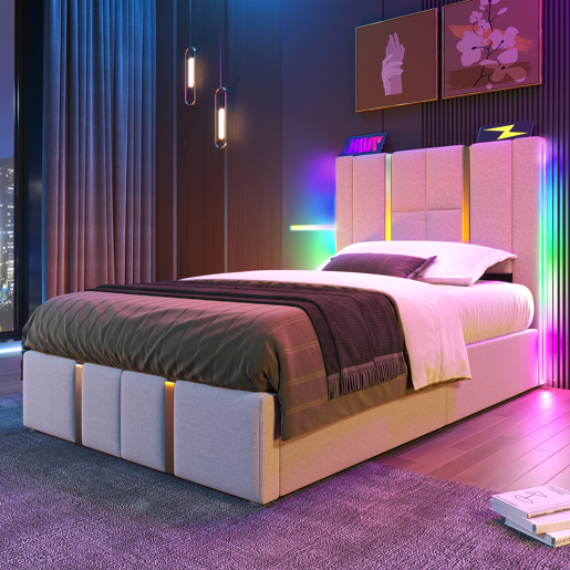 Cama de peito 90x200 cm estofada em tecido de linho - com LED e função de carregamento - com estrado de ripas - Bege