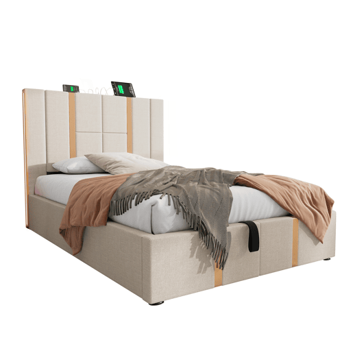 Cama de peito 90x200 cm estofada em tecido de linho - com LED e função de carregamento - com estrado de ripas - Bege