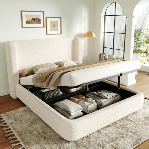 Cama estofada 160x200 - canapé hidráulico e estrado - bege bouclé