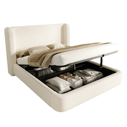 Cama estofada 160x200 - canapé hidráulico e estrado - bege bouclé