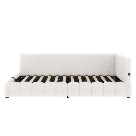 Cama de dia 140x200 - Sofá-cama com LED, armazenamento hidráulico, USB e Tipo-C - Branco