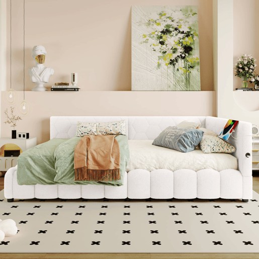 Cama de dia 140x200 - Sofá-cama com LED, armazenamento hidráulico, USB e Tipo-C - Branco