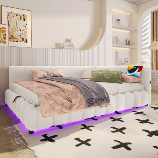 Cama de dia 140x200 - Sofá-cama com LED, armazenamento hidráulico, USB e Tipo-C - Branco