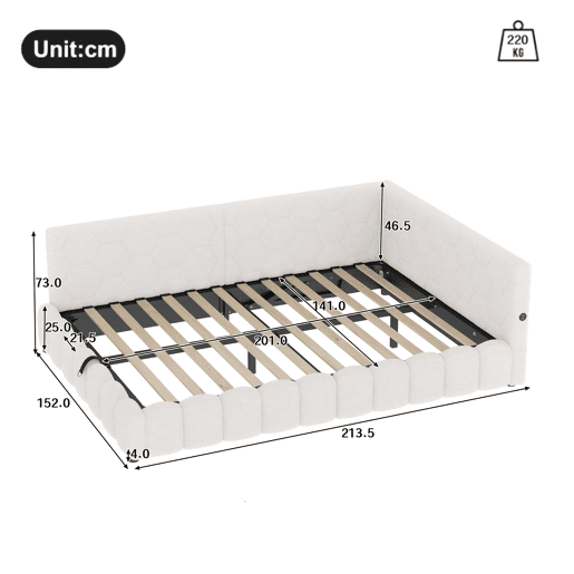 Cama de dia 140x200 - Sofá-cama com LED, armazenamento hidráulico, USB e Tipo-C - Branco