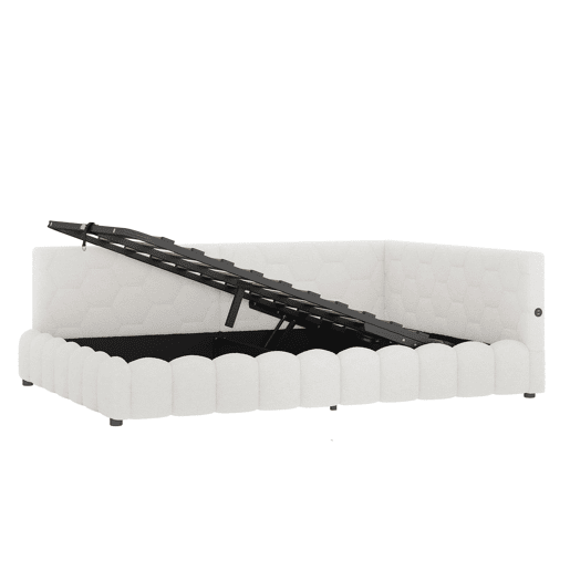 Cama de dia 140x200 - Sofá-cama com LED, armazenamento hidráulico, USB e Tipo-C - Branco
