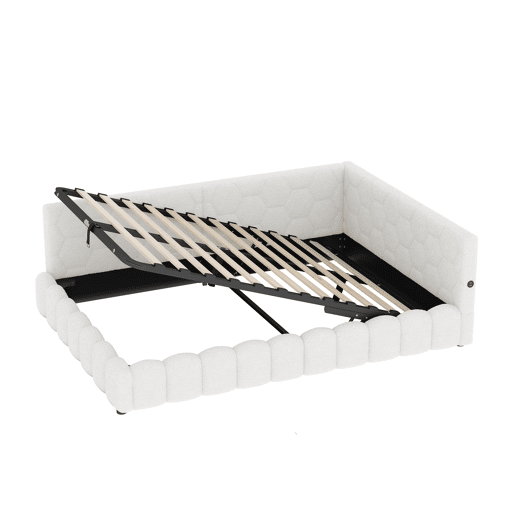 Cama de dia 140x200 - Sofá-cama com LED, armazenamento hidráulico, USB e Tipo-C - Branco