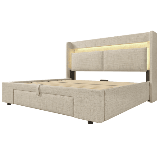 Cama estofada 140x200 cm - Armazenamento hidráulico, cabeceira com LED, USBUSB-C - Bege