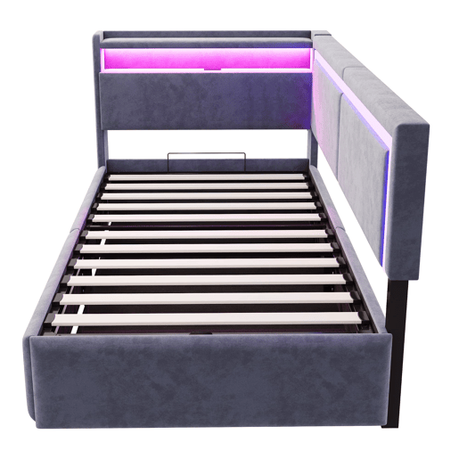 Sofá-cama 90x200 cm - Com LED e portas USB, cabeceira rebatível, sistema de armazenamento hidráulico - Cinza escuro