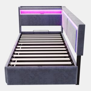 Sofá-cama 90x200 cm - Com LED e portas USB, cabeceira rebatível, sistema de armazenamento hidráulico - Cinza escuro