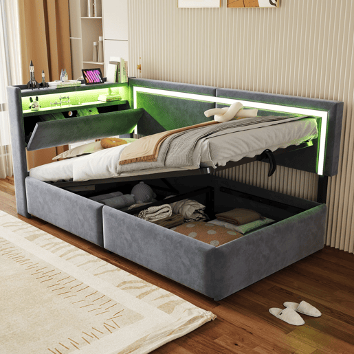 Sofá-cama 90x200 cm - Com LED e portas USB, cabeceira rebatível, sistema de armazenamento hidráulico - Cinza escuro