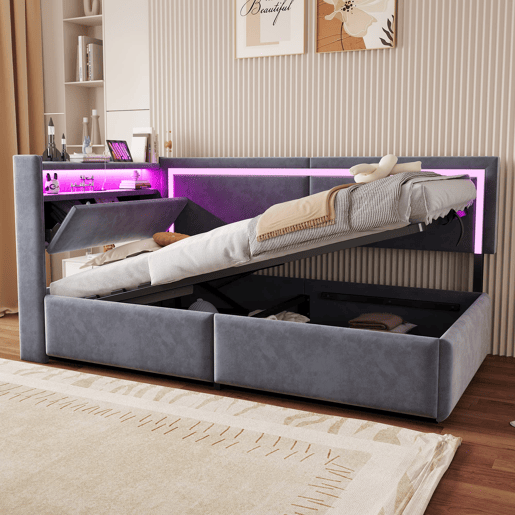 Sofá-cama 90x200 cm - Com LED e portas USB, cabeceira rebatível, sistema de armazenamento hidráulico - Cinza escuro