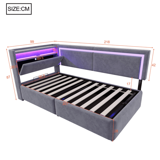 Sofá-cama 90x200 cm - Com LED e portas USB, cabeceira rebatível, sistema de armazenamento hidráulico - Cinza escuro