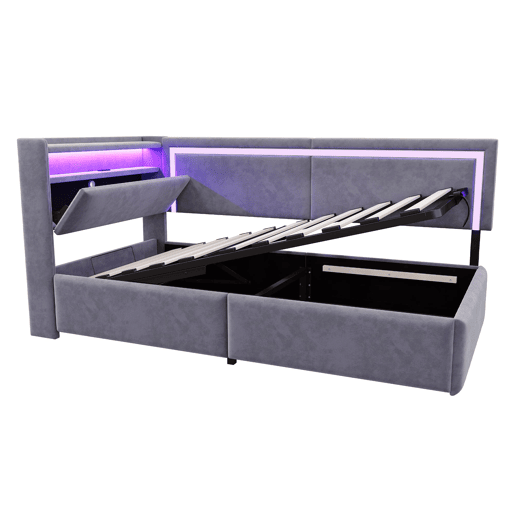 Sofá-cama 90x200 cm - Com LED e portas USB, cabeceira rebatível, sistema de armazenamento hidráulico - Cinza escuro