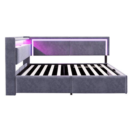 Sofá-cama 90x200 cm - Com LED e portas USB, cabeceira rebatível, sistema de armazenamento hidráulico - Cinza escuro