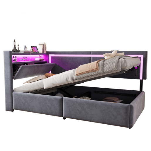 Sofá-cama 90x200 cm - Com LED e portas USB, cabeceira rebatível, sistema de armazenamento hidráulico - Cinza escuro