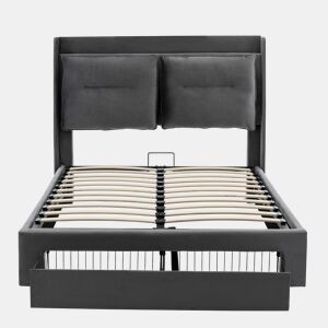 Sofá-cama estofado em veludo - 140x190 cm - 2 gavetas ao pé da cama - Fita LED embutida ao pé da cama - Cinzento (sem colchão)